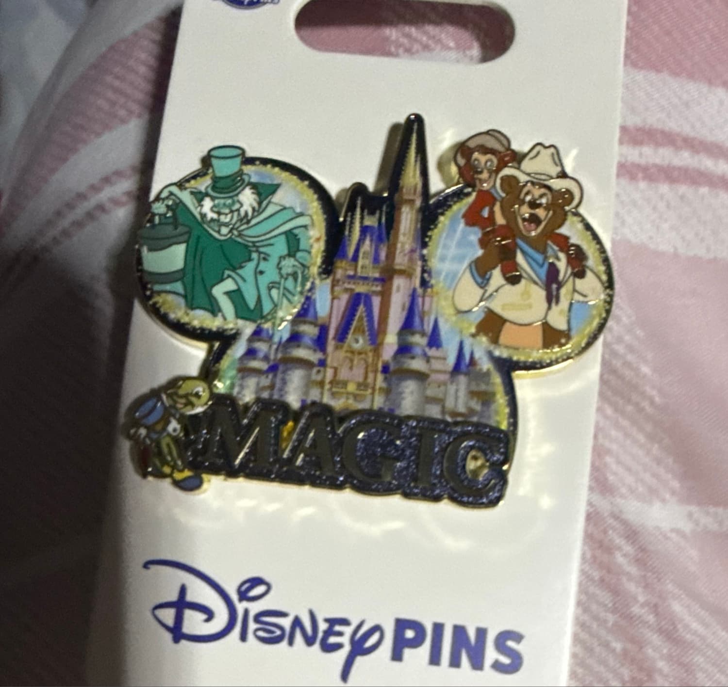 2026 Walt Disney World Magic Kingdom Castle "Magic" Ears Hat Pin with Hatbox Ghost, Henry & Oscar, and Jiminy Cricket front