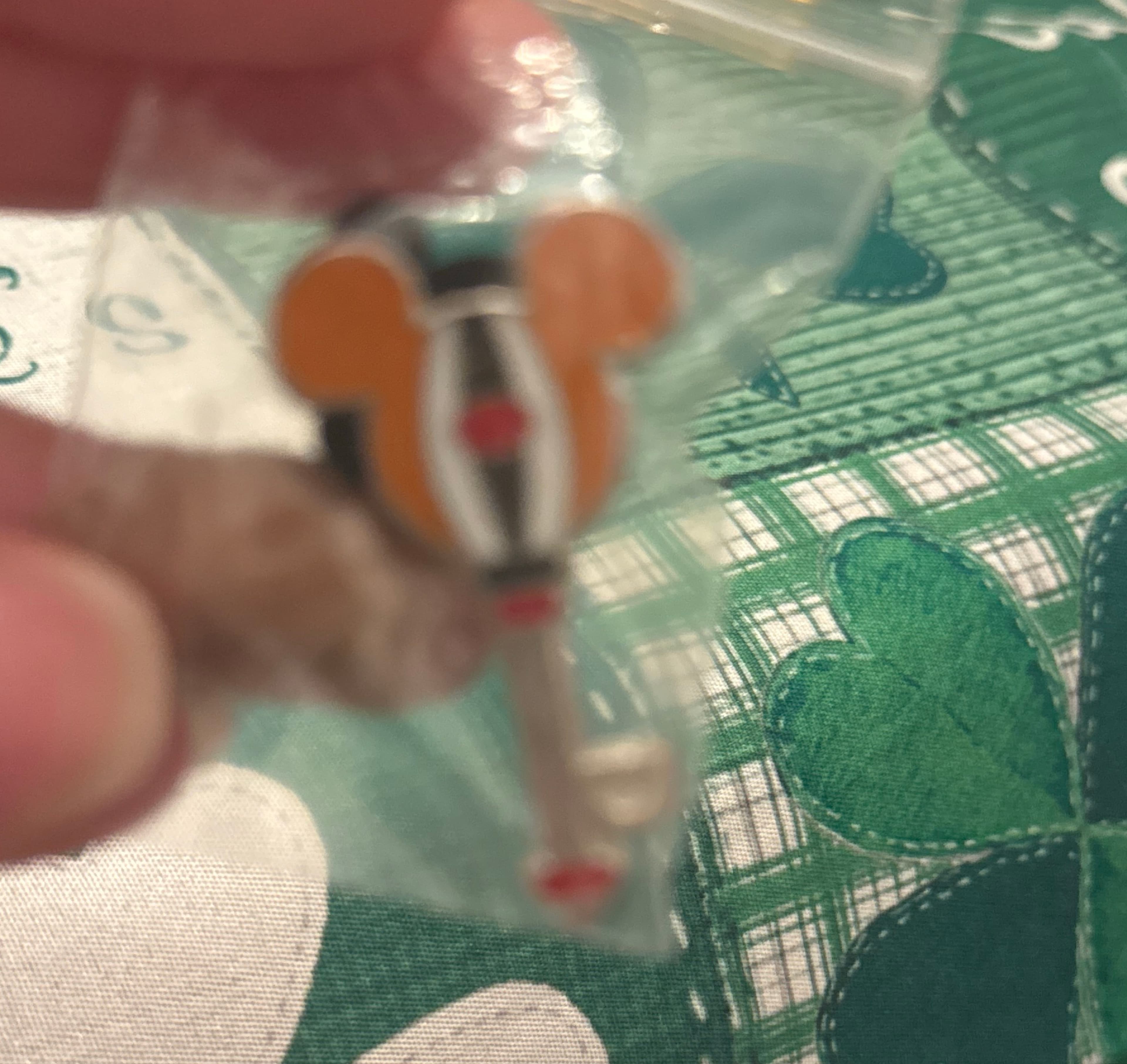 Mickey Mouse Icon Key Pin - Orange Ears Striped Body Red Heart front
