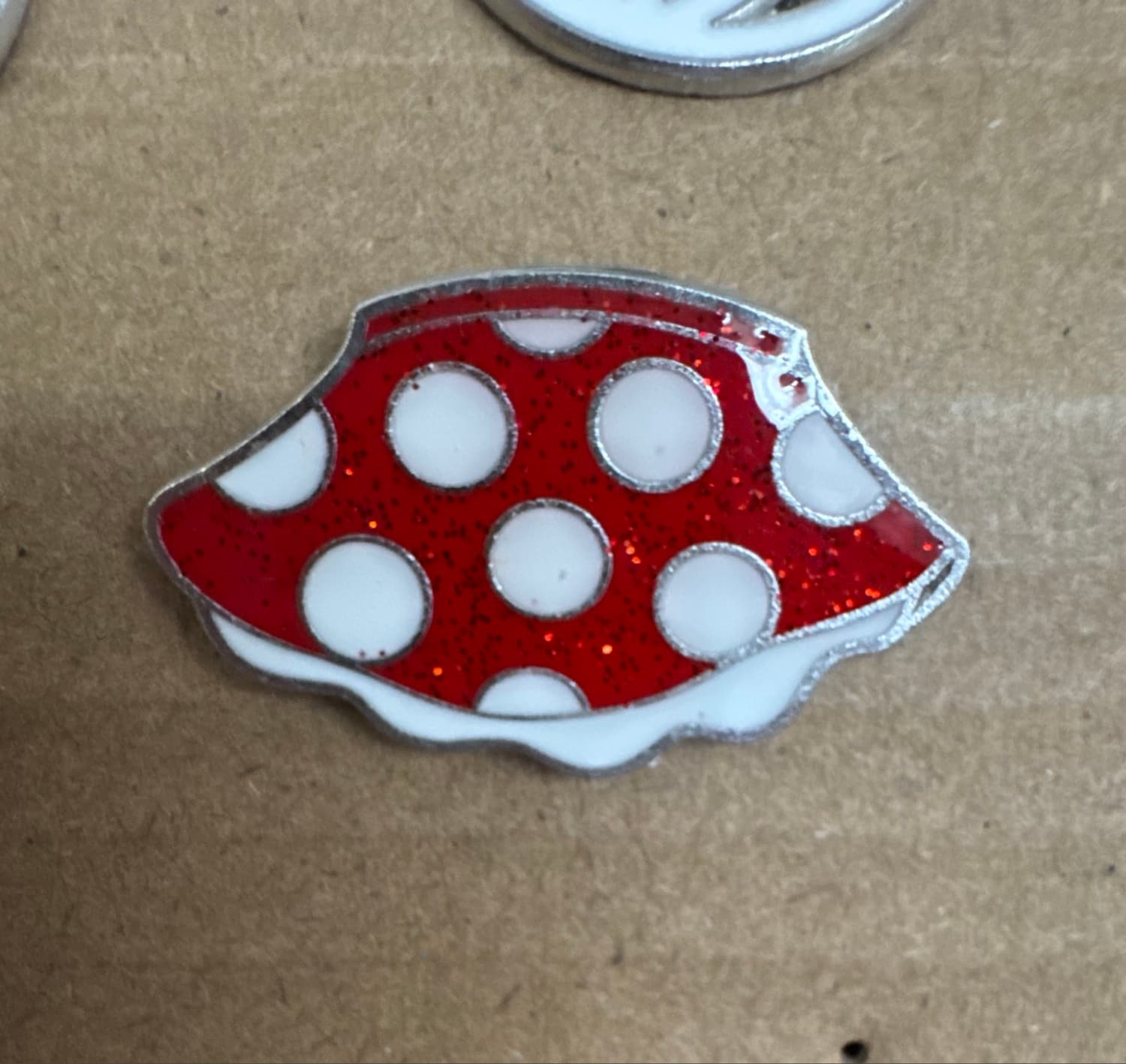 Minnie Mouse Icon Skirt Red Glitter Polka Dots Pin front