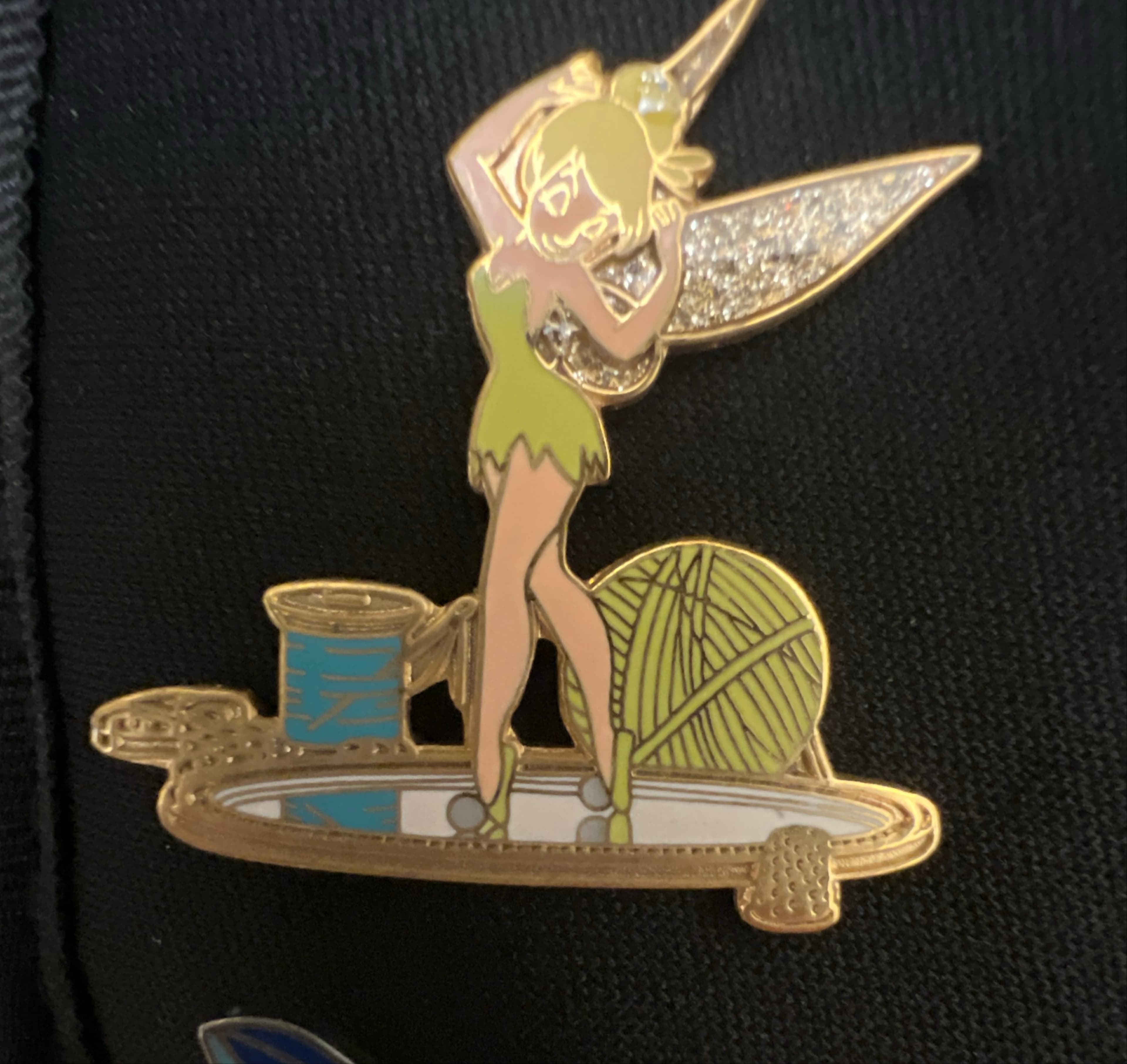Tinker Bell on Mirror with Yarn Thimble Sewing Needle front