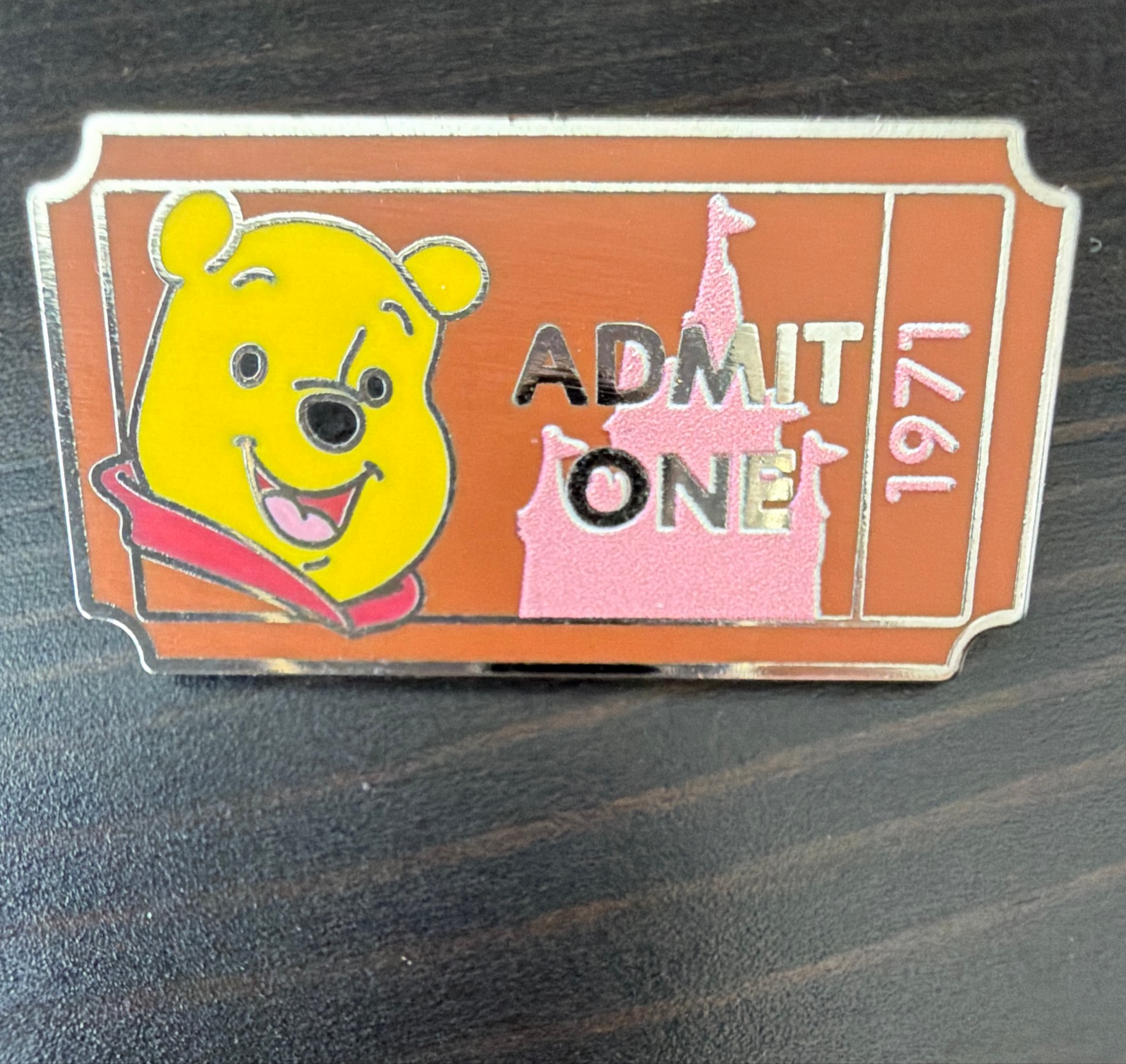 Winnie the Pooh Admit One 1971 Admission Ticket Pin front