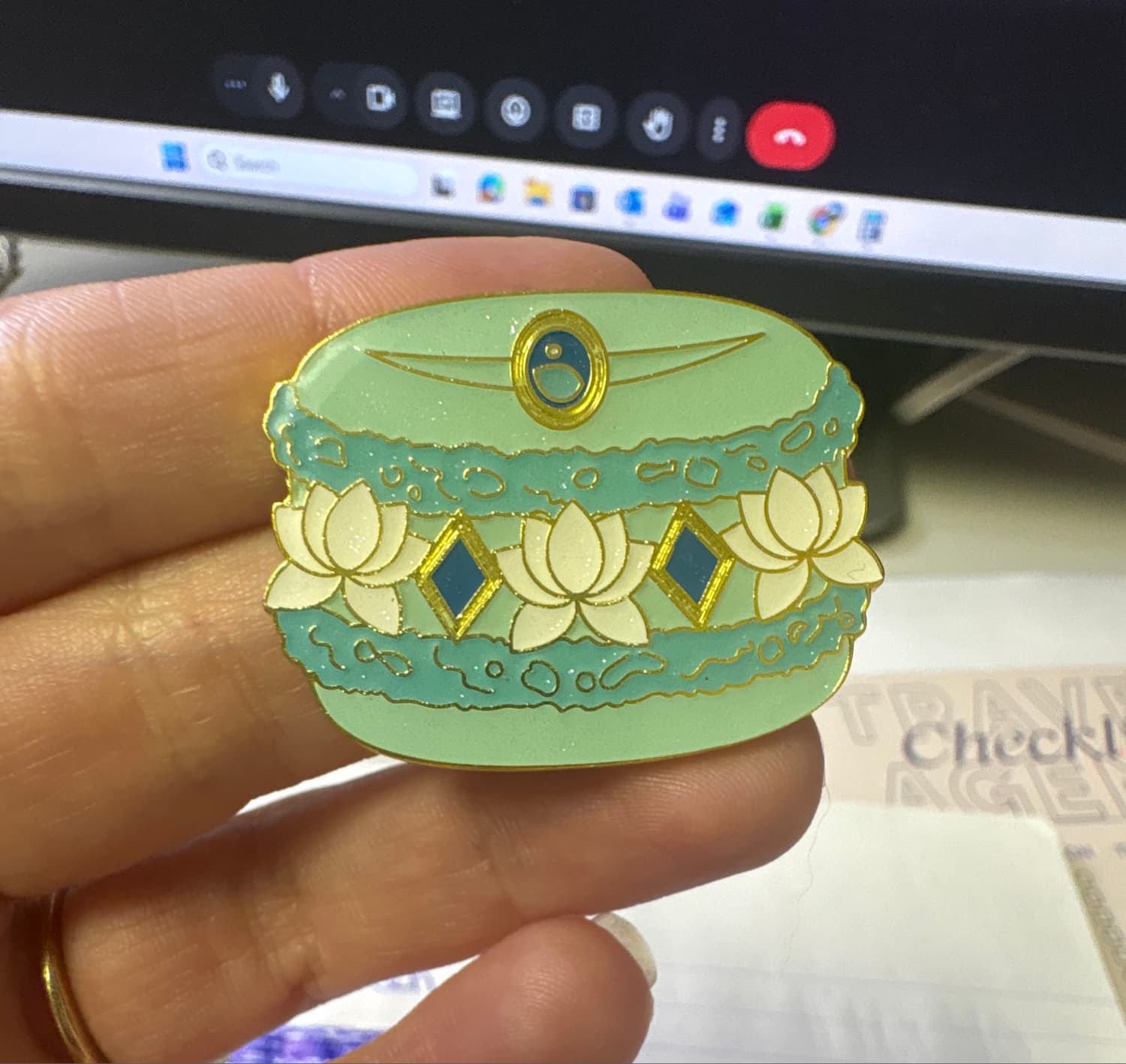 Jasmine Macaron Pin front