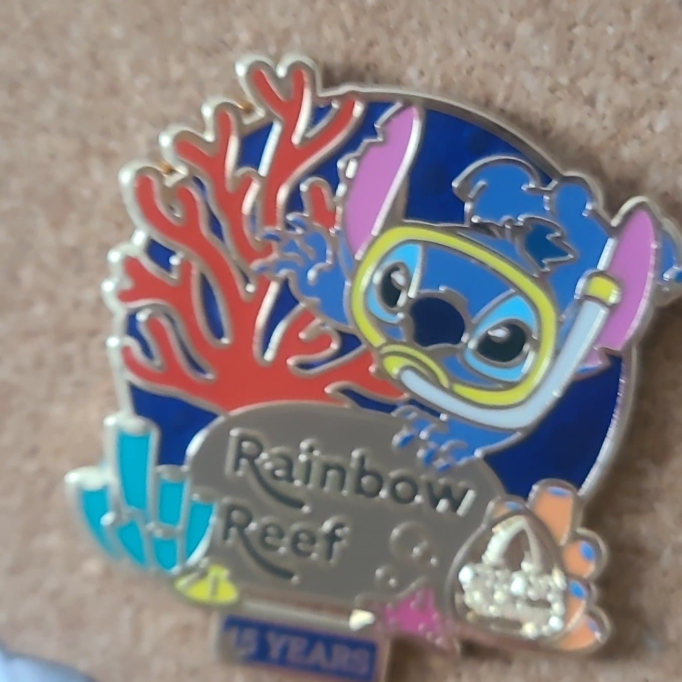 Disney Aulani Rainbow Reef 15 Year Anniversary Stitch Snorkel Pin front