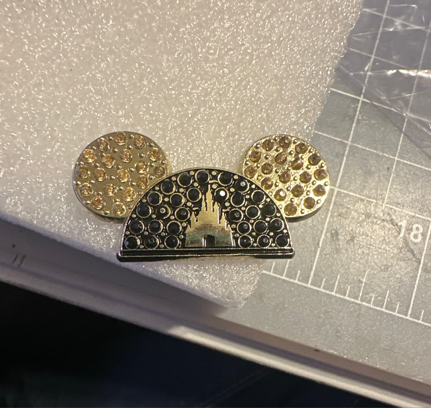Mickey Icon Cinderella Castle Black and Gold Jeweled Pin front