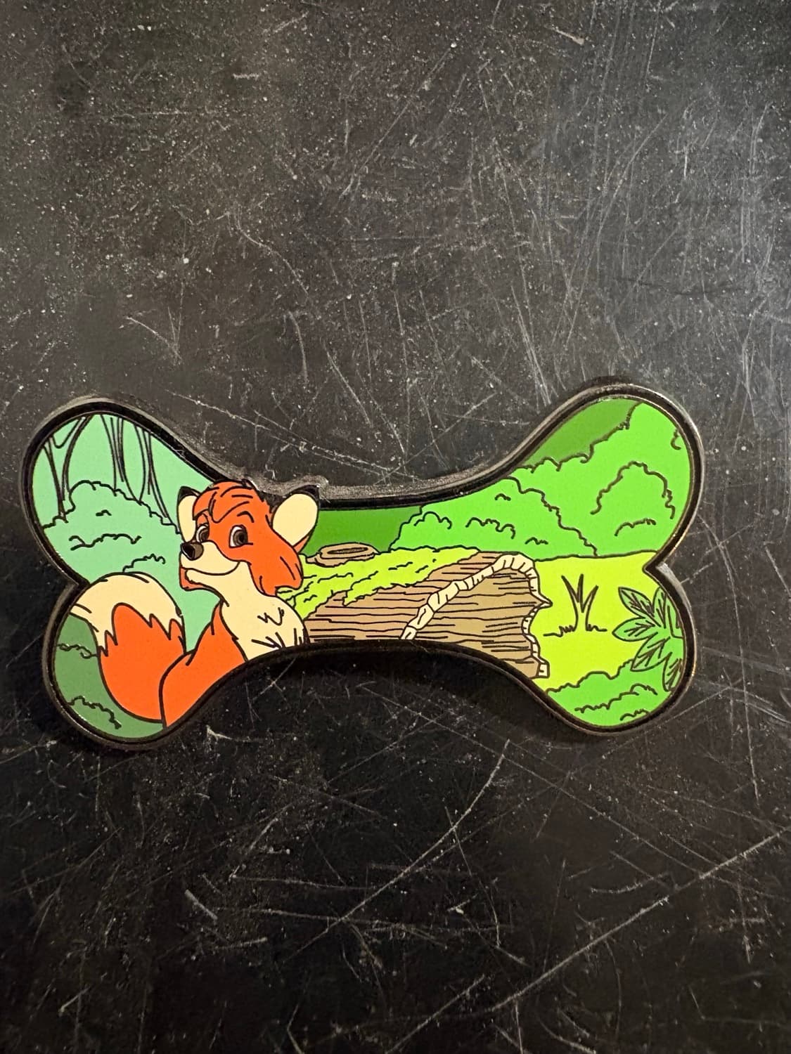 Tod The Fox and the Hound Bone Shaped fantasy Pin front