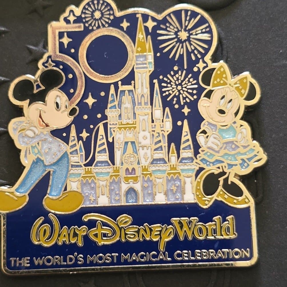 Walt Disney World 50th Anniversary Mickey and Minnie Cinderella Castle "The World's Most Magical Celebration" Pin front