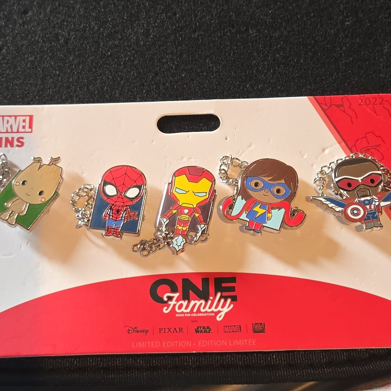 Marvel Chained Pin Set - Full Set (Groot, Spider-Man, Iron Man, Ms. Marvel, Falcon) front