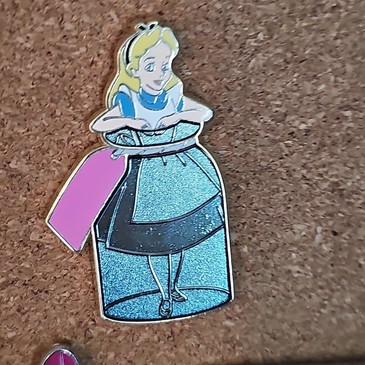 Alice in Wonderland Alice with Glitter Drink Me Bottle Pin front