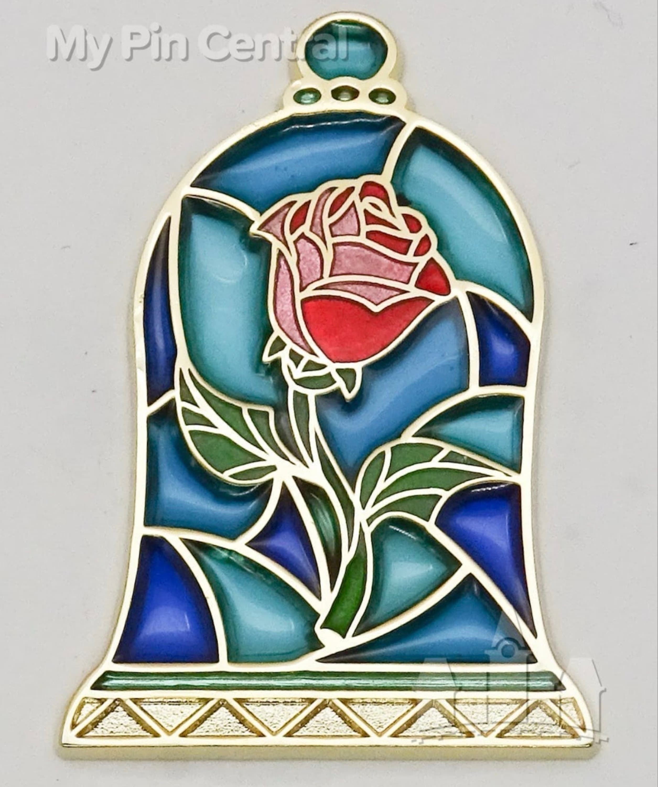 Beauty and the Beast Enchanted Rose Stained Glass Bell Jar Pin front
