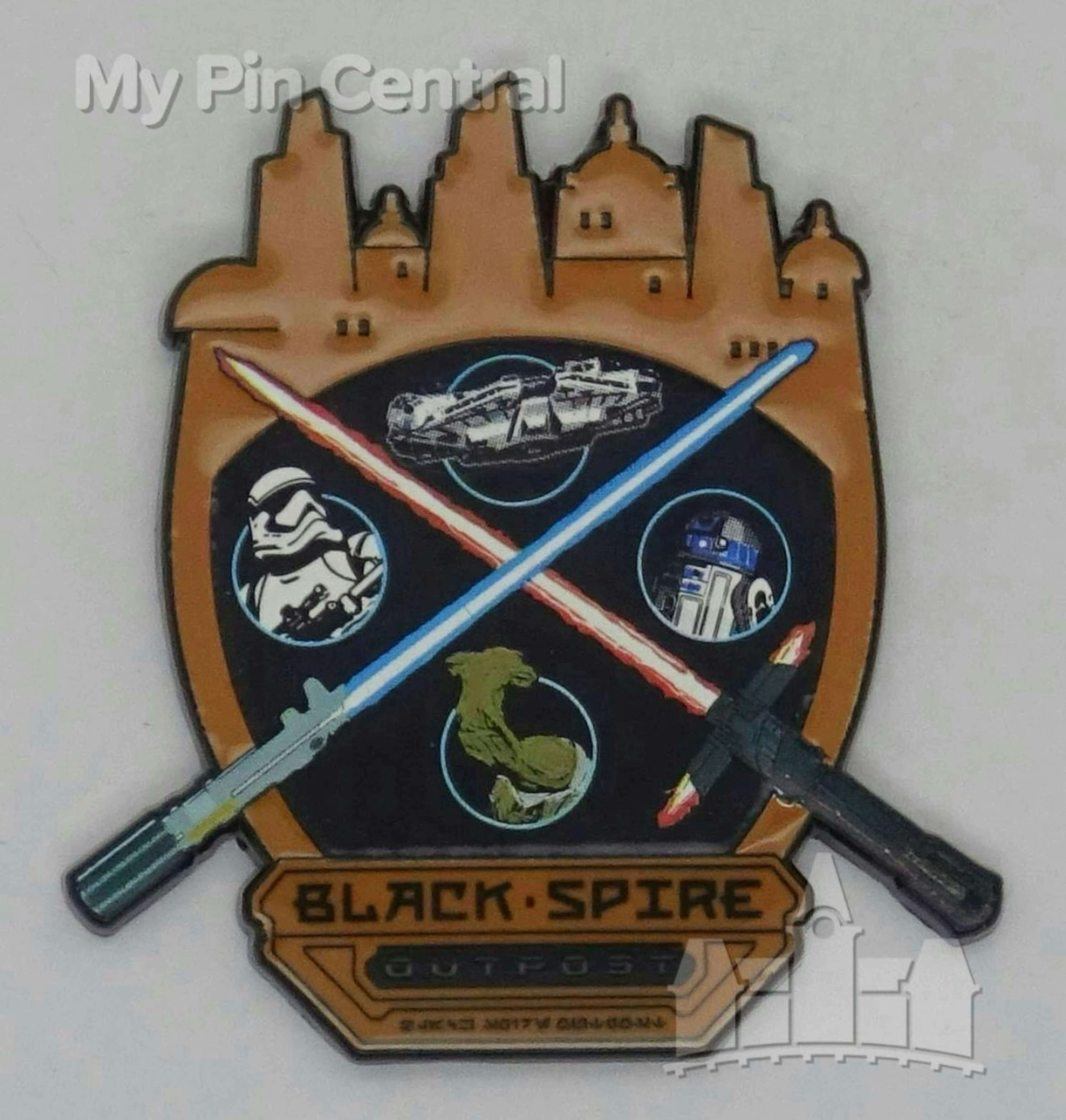 Star Wars Galaxy's Edge Black Spire Outpost Land Crossed Lightsabers Pin front