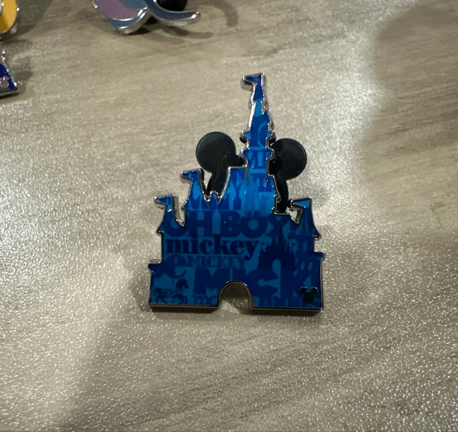Mickey Mouse Blue Cinderella Castle Hidden Mickey Pin with 'Oh Boy' Text Pattern front