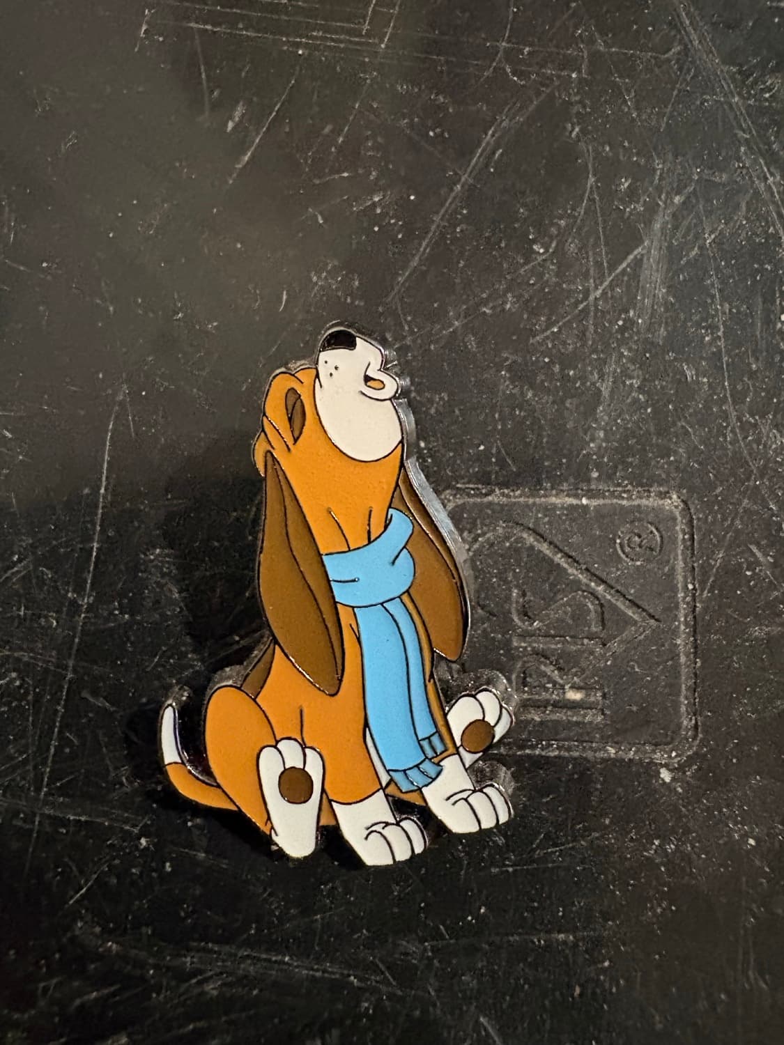 LOUNGEFLY DISNEY WINTER WONDERLAND Classic Characters Copper Blue Scarf Pin front