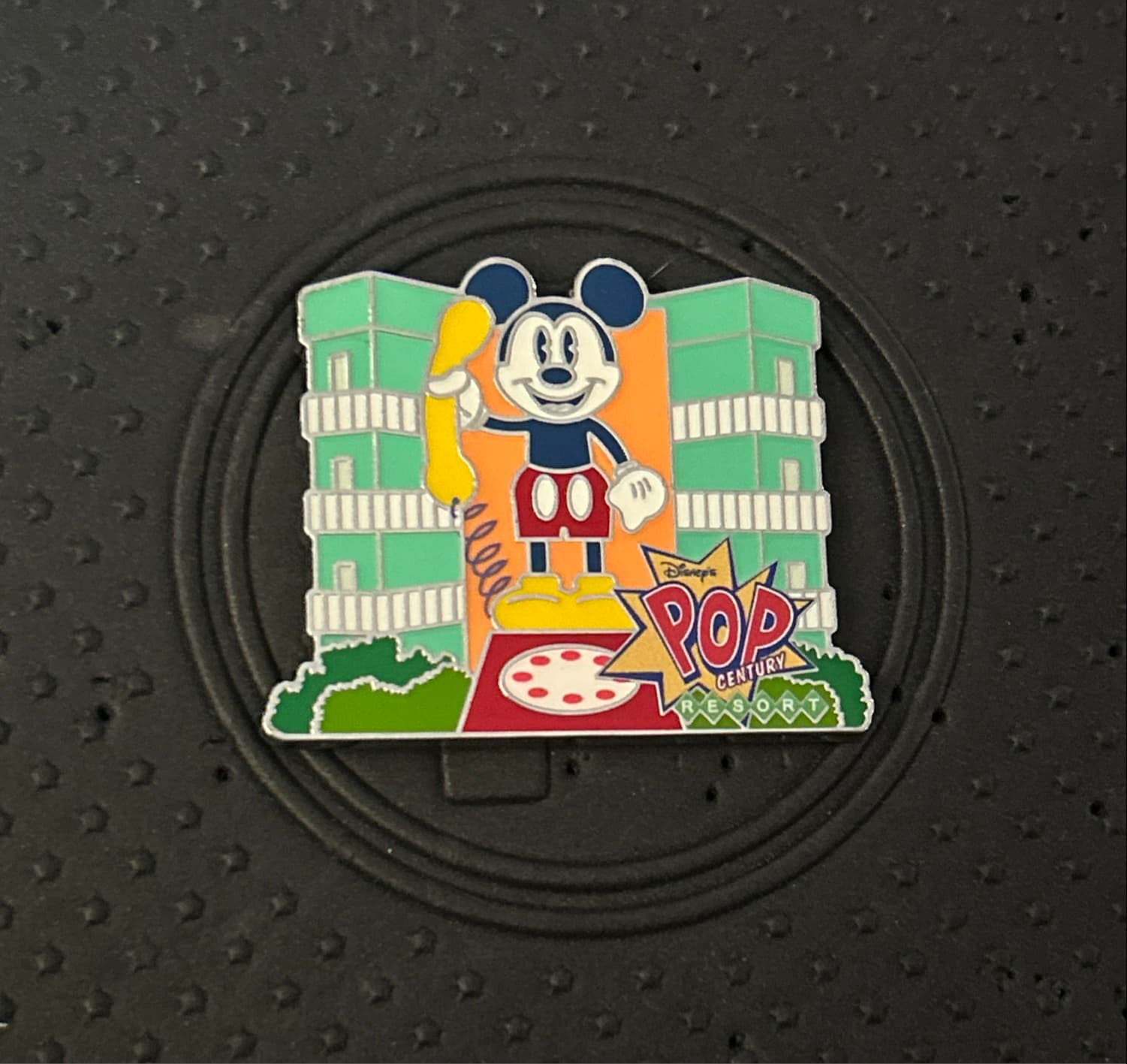 Mickey with rotary phone statue - Disney's Pop Century Resort front