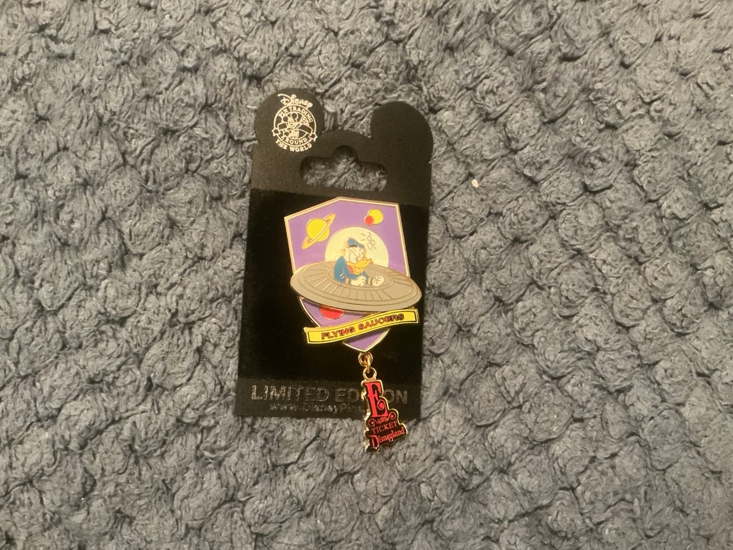 Disneyland Resort E-Ticket Dangle Pin Donald Duck-Flying Saucers-LE 1500 front