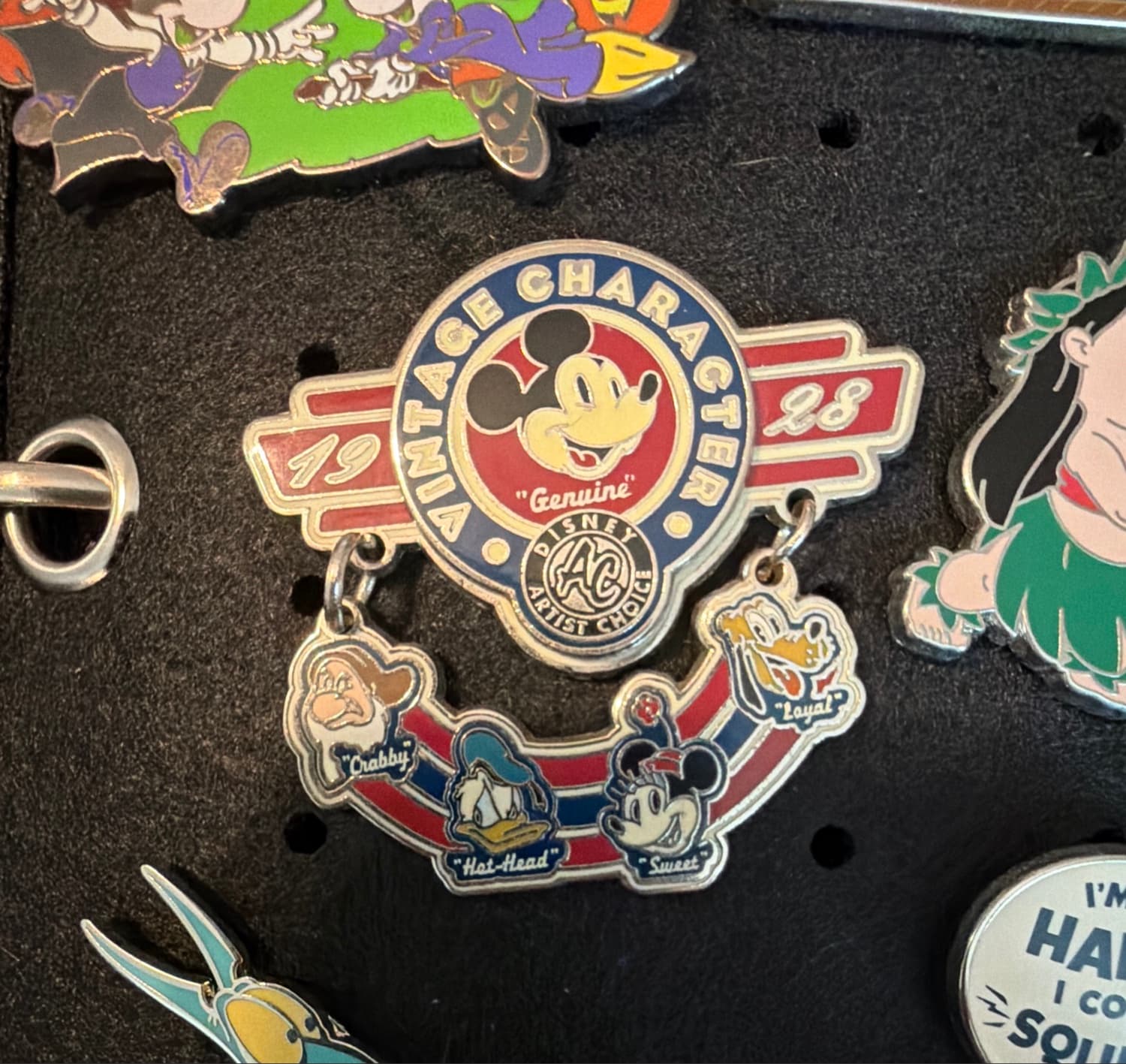 Mickey Vintage Characters Artist Choice Dangle Pin with Grumpy, Donald, Minnie, and Goofy front