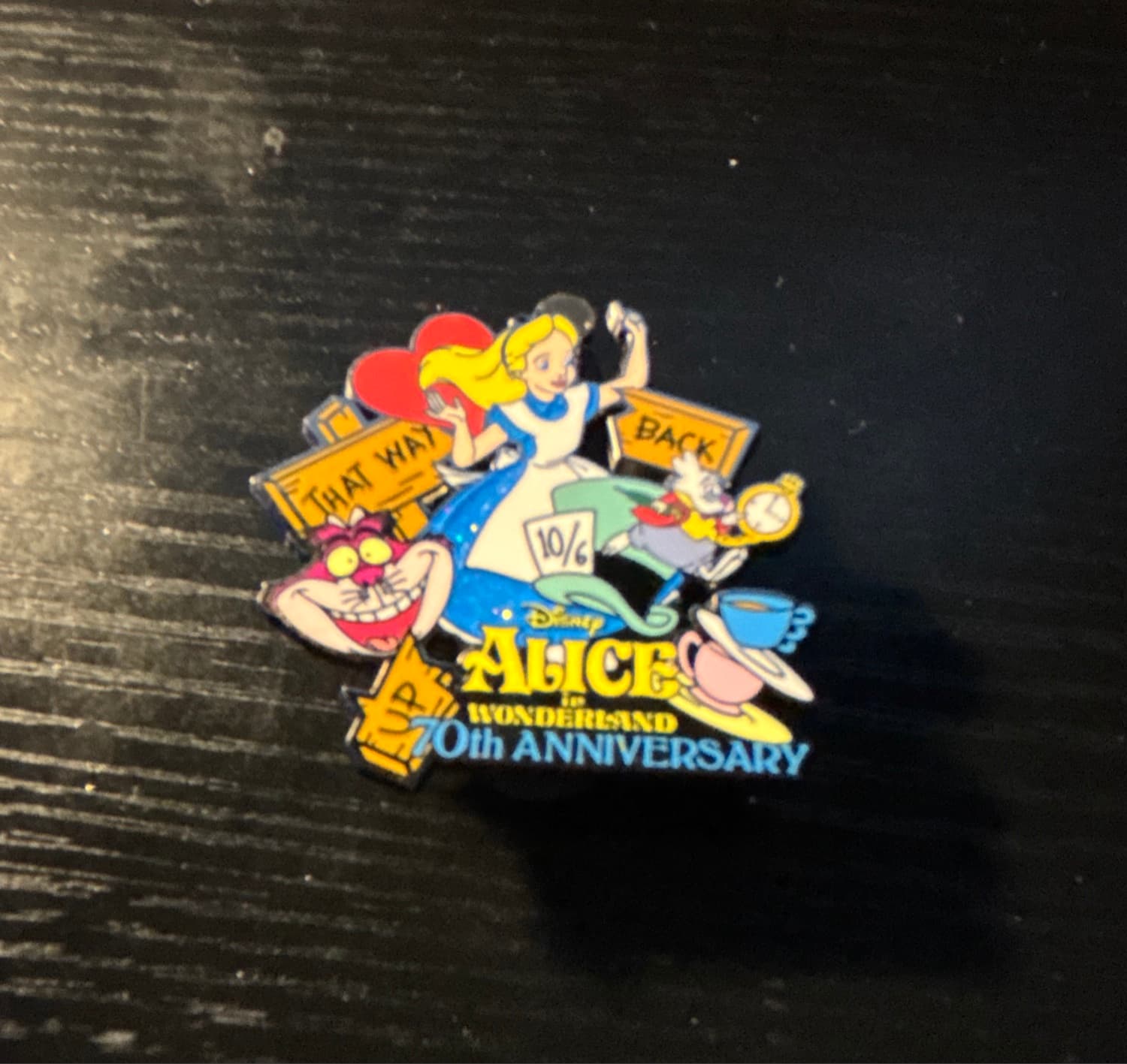 Alice in Wonderland 70th Anniversary Limited Release Pin with Alice, White Rabbit, and Cheshire Cat front