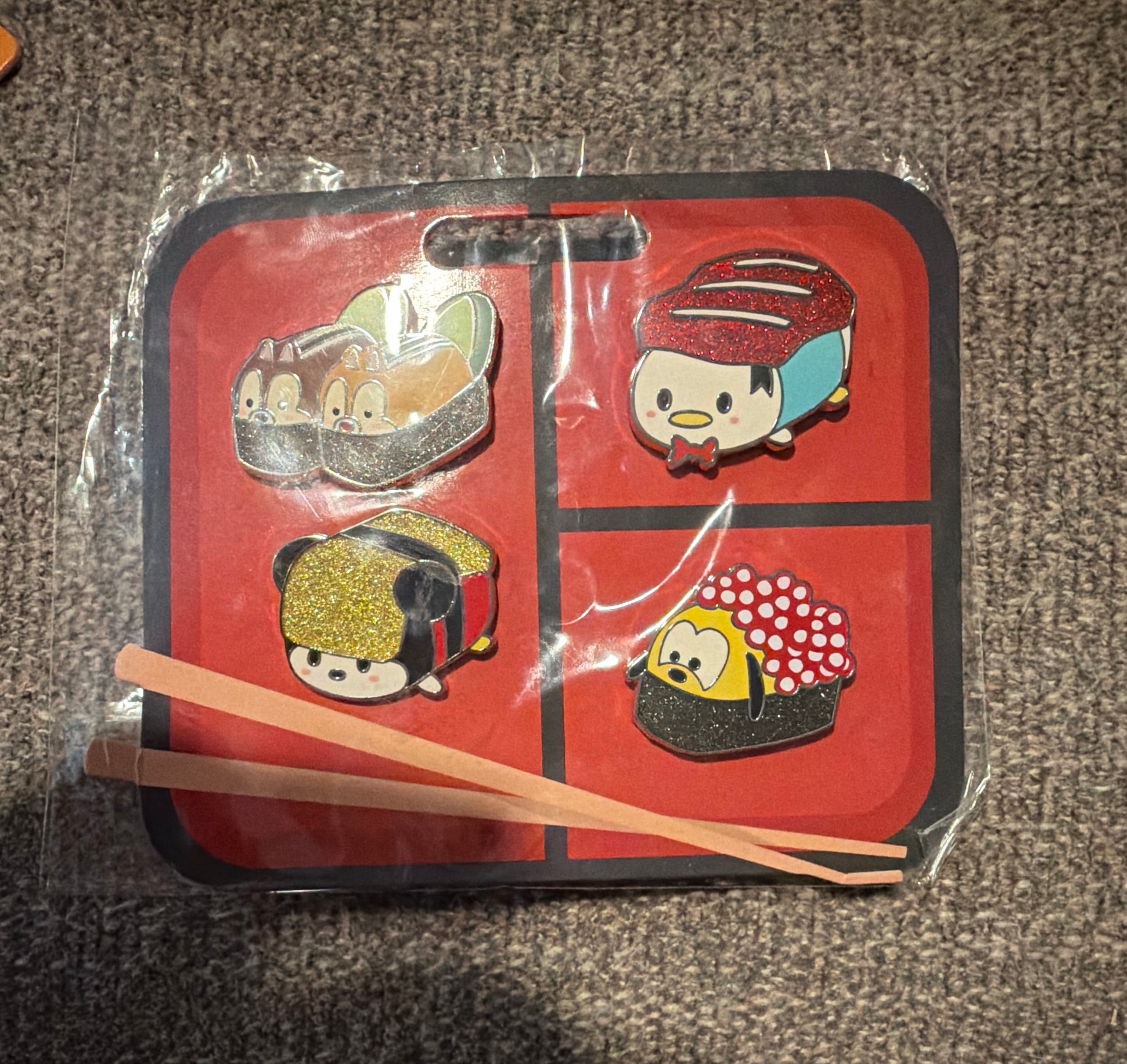 Disney Store 2021 Mickey Mouse Donald Duck Chip & Dale Pluto 4 Pin Sushi Theme front