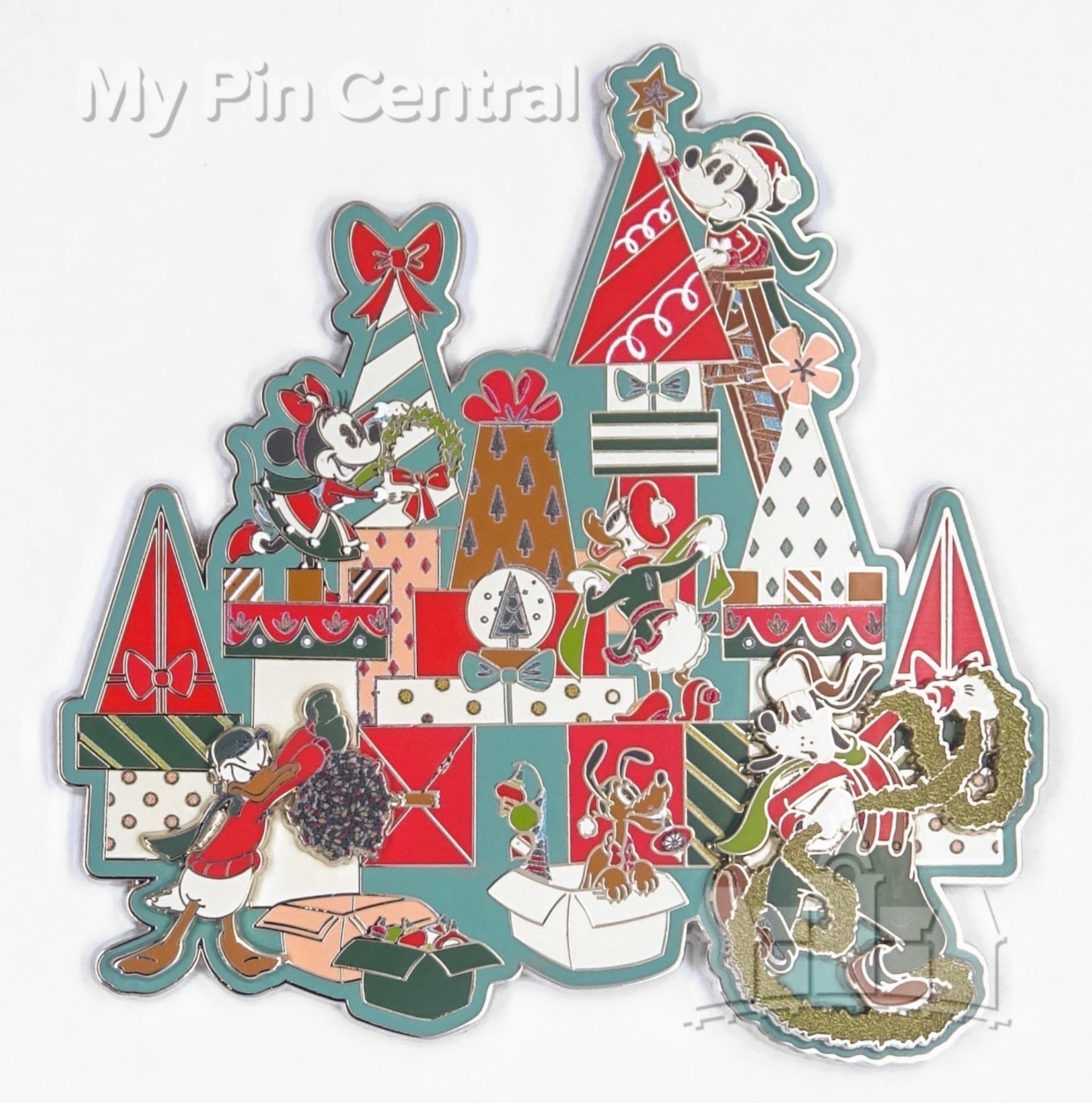 Mickey, Minnie, Goofy, Donald, Pluto, and Puppy Christmas Presents Jumbo Pin front