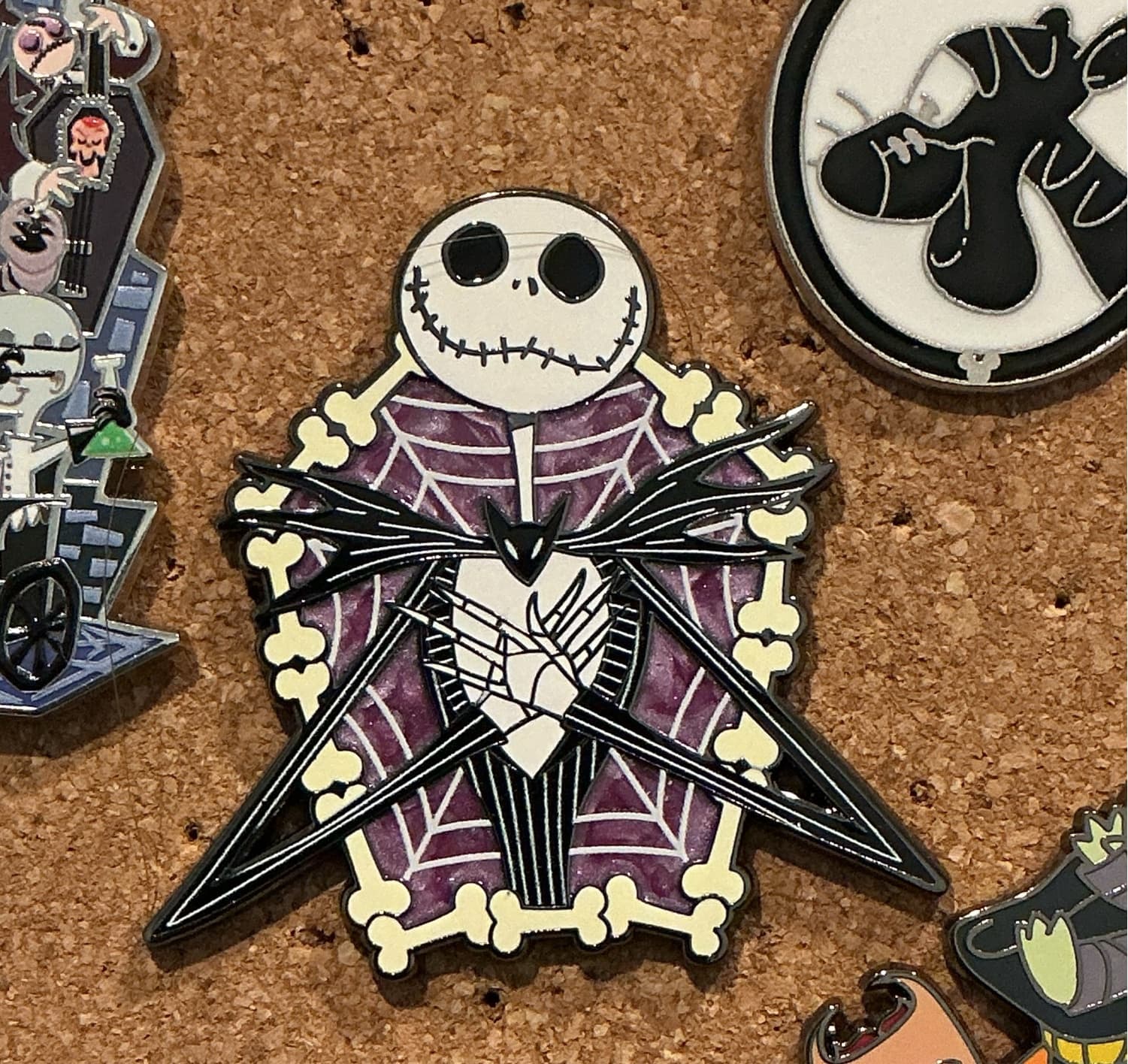 Jack Skellington Heart with Purple Spiderweb and Bone Border Pin front