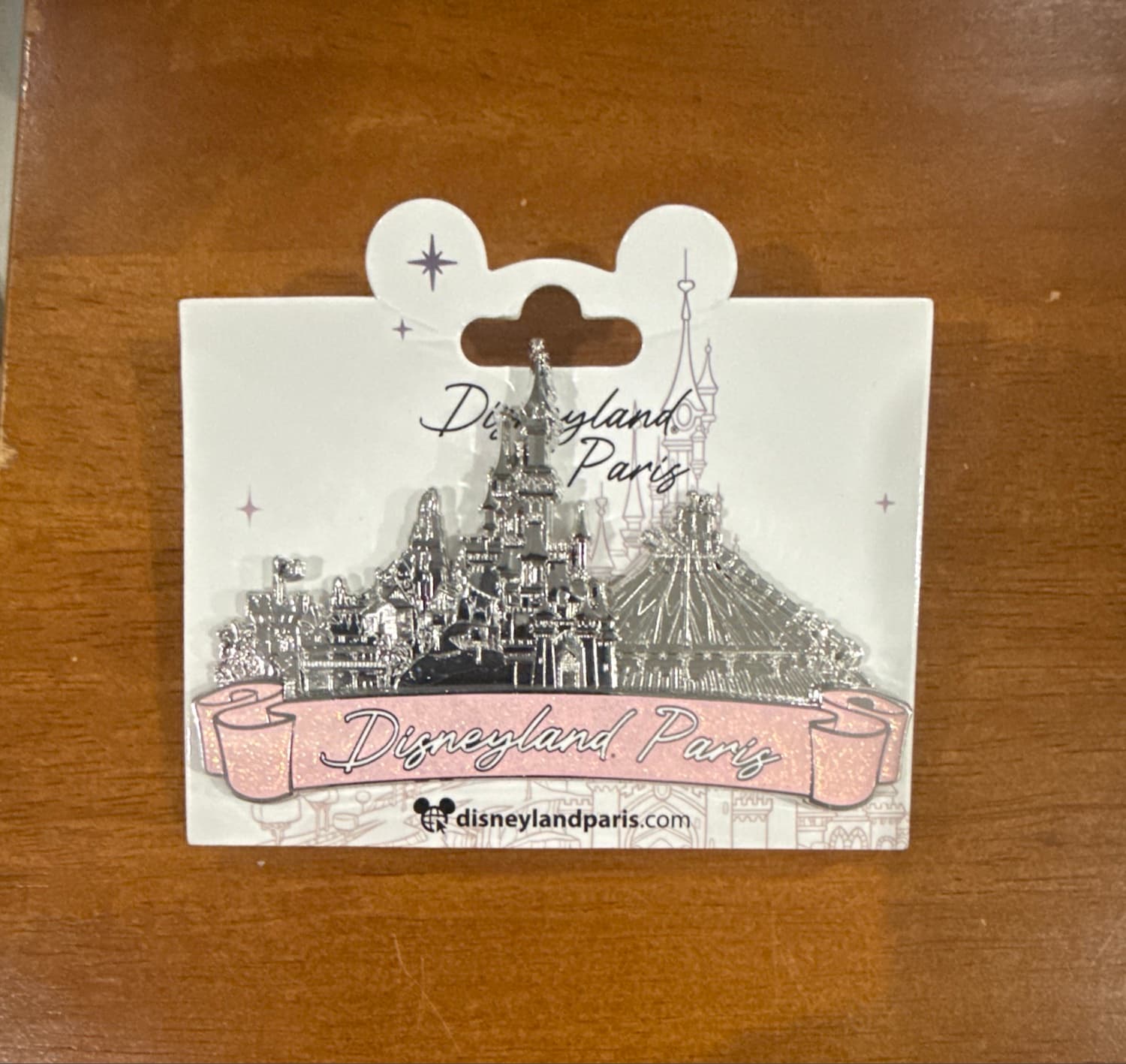 Disneyland Paris Skyline Pin - Sleeping Beauty Castle & Space Mountain with Pink Glitter Banner front